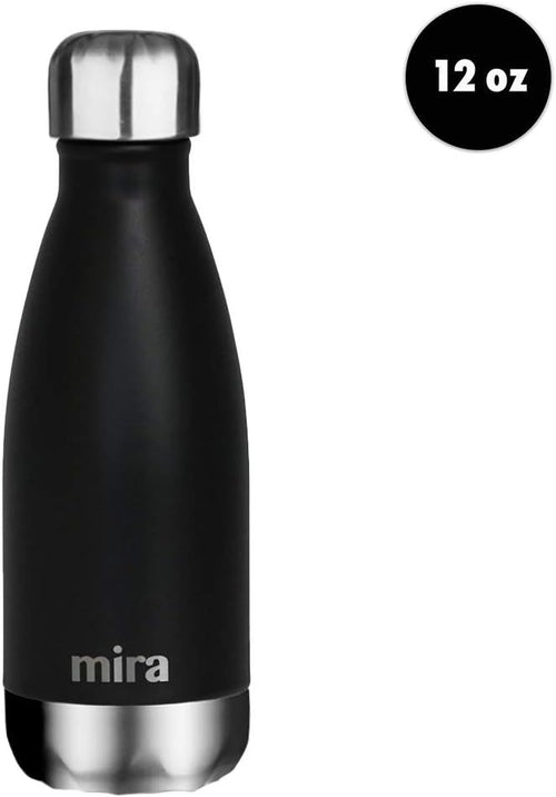 12 Oz Insulated Water Bottle - Slim Stainless Steel Cola Shape Thermo - Double Wall Hot & Cold Flask (24Hr Cold/12Hr Hot) - Black