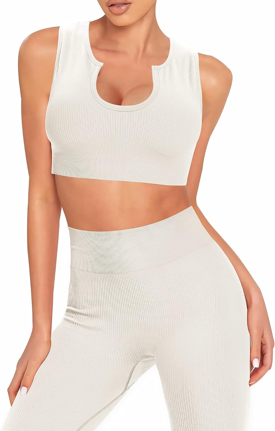 Seamless Workout Sets for Women 2 Piece Ribbed Gym Outfits Sports Bra and Legging Shorts Yoga Set (Beige, Small)